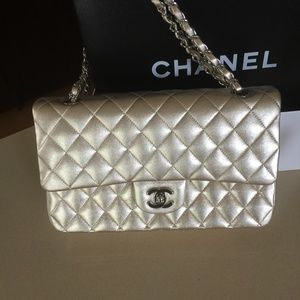 CHANEL Metallic Quilted Medium Double Flap in Light Gold